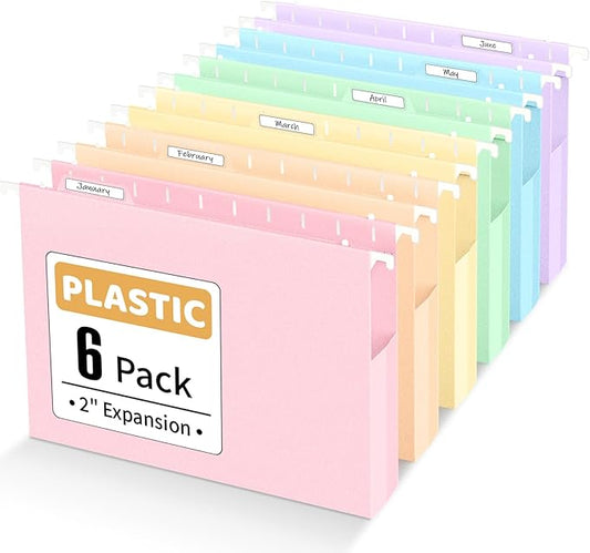 Sooez Extra Capacity Plastic Hanging File Folders, 6 Count Expanding File Folders Letter Size with 2" Expansion, File Organizer with 1/6-Cut Adjustable Tab for File Cabinet, Drawer, Pastels Colors