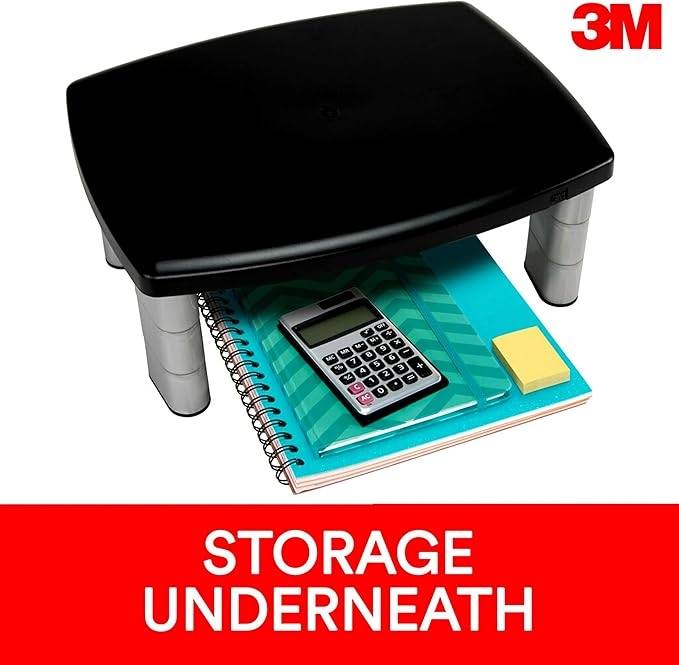 3M Adjustable Monitor Stand, Three Leg Segments Simply Adjust Height from 1" to 5 7/8", Sturdy Platform Holds Up to 80 lbs, 11-inch Space Between Columns for Storage, Silver/Black (MS80B)
