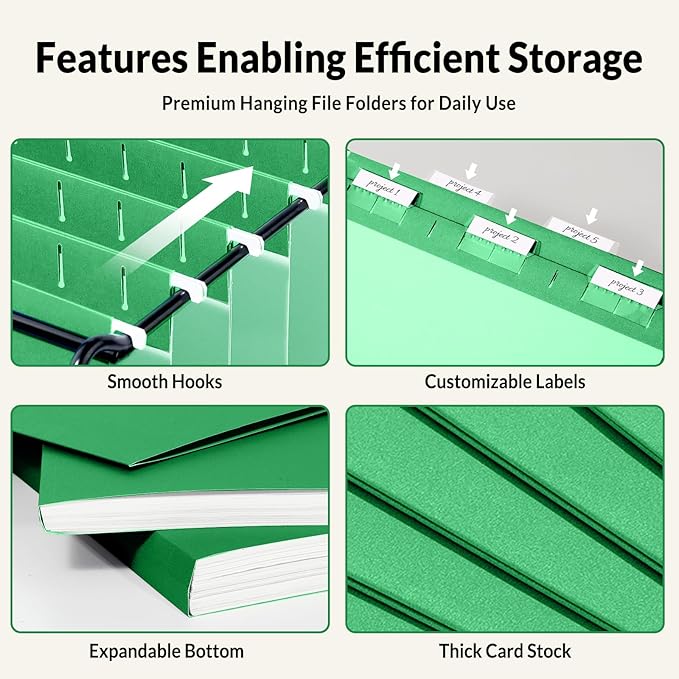 SUNEE Hanging File Folders, 25 Pack Letter Size Hanging File Folders with 1/5-Cut Tabs, Ideal for Home and Office Organization and Papers Classification,Light Green