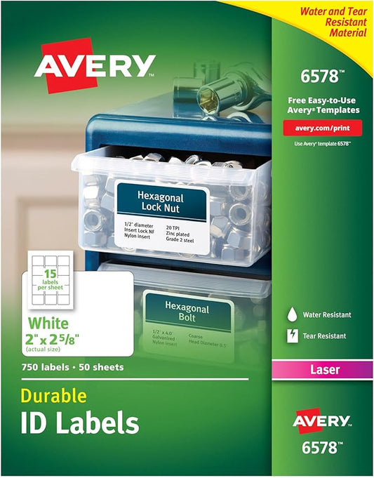 Avery Durable White Cover Up ID Labels for Laser Printers, 2" x 2.625", Pack of 750 (6578)