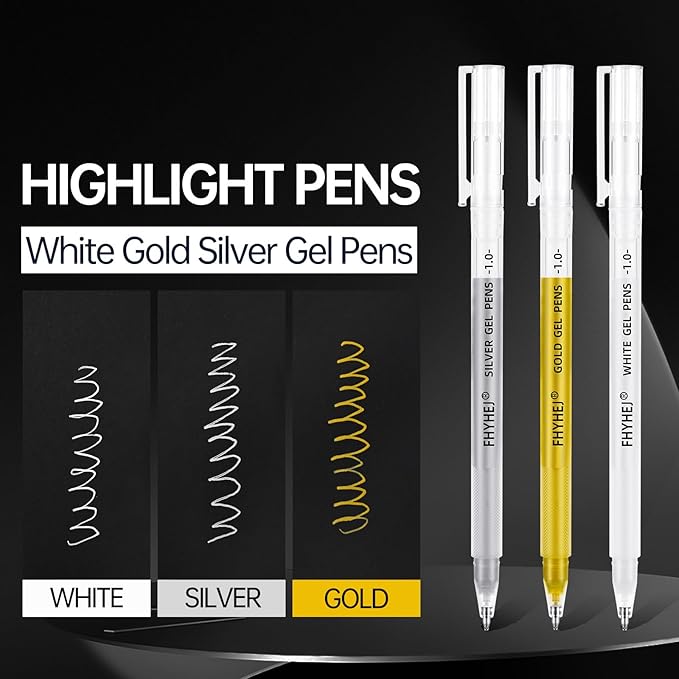 Fhyhej Gold Silver White Gel Pens,1.0mm Fine Point Gel Ink Pen Archival Ink Pens for Black Paper Drawing, Sketching, Illustration, Card Making, Bullet Journaling, 6 Pack
