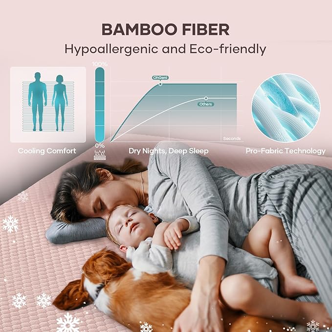 OhGeni 100% Waterproof Mattress Protector,Queen Size Mattress Soft Pad,Hair & Bedwetting Resistant,Cooling Breathable Fitted Sheets,Washable Bed Cover,Non-Slip Deep Pocket,Noiseless for Bedroom,Pink