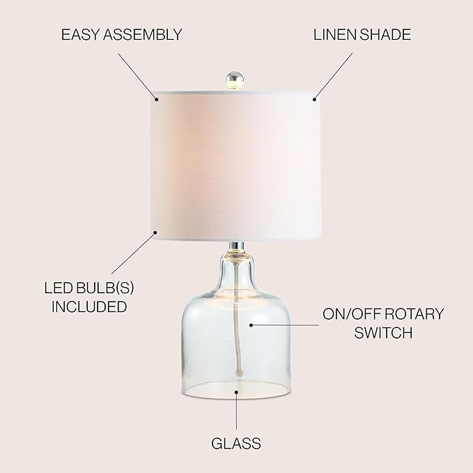 JONATHAN Y 19" Clear Glass Bell Table Lamp for Living Room Bedroom, White Linen Drum Shade, Modern Coastal Bedside Nightstand Lamp with LED Bulb, UL Listed (JYL1036C)