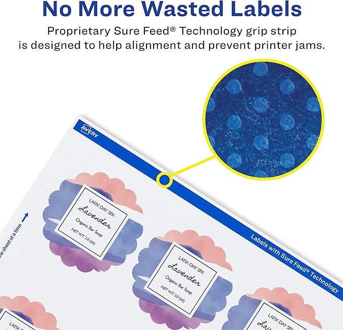Avery Glossy White Round Scalloped Labels, Sure Feed Technology, 2.5" Diameter, 225 Glossy White Labels, Print-to-The-Edge, Permanent Adhesive, Laser/Inkjet Printable