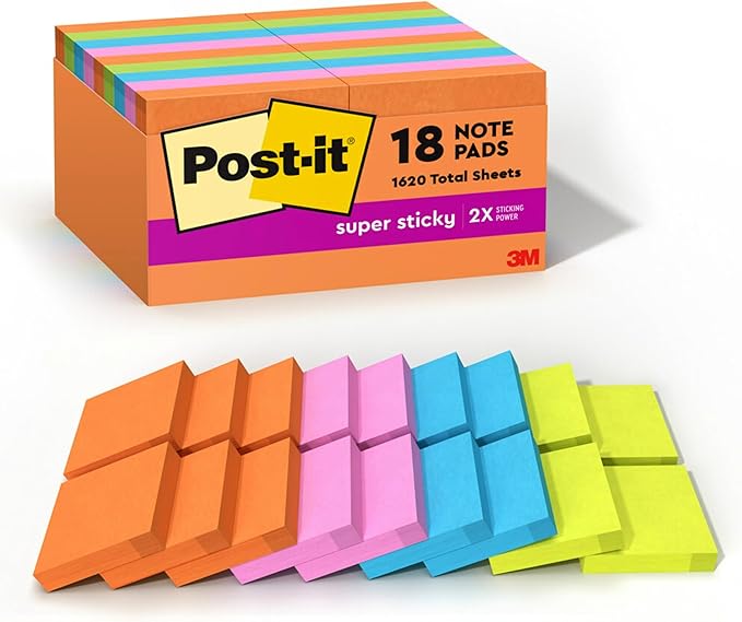 Post-it Super Sticky Notes, 18 Sticky Note Pads, 1 7/8 x 1 7/8 in., School Supplies, Office Products, Sticky Notes for Vertical Surfaces, Monitors, Walls and Windows, Energy Boost Collection