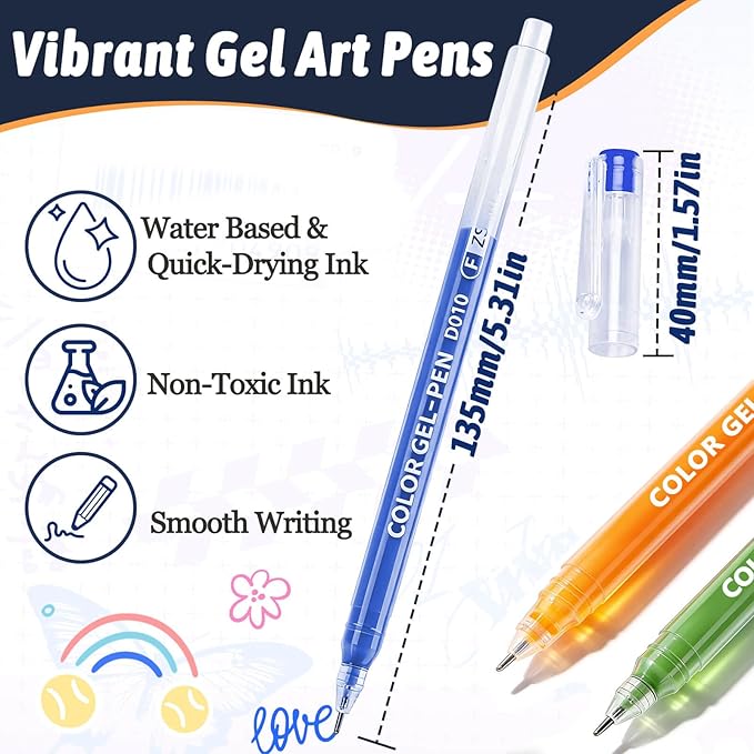 Gel Pens Set for Coloring, 72 Colors Gel Pens Markers for Adult Coloring Books, 0.6mm Fine Point Colored Pen for Painting, Doodling, Illustrations, Writing, Scrapbooking, Art DIY Crafts
