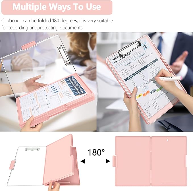 SFLHHDM Clipboard with Storage,Heavy Duty Clip Boards 8.5x11 with 2 Storage Case,Clear Visible Panel Storage Clipboards,Side Opening Nursing Clipboard Folder for Office Supplies-Pale Pink