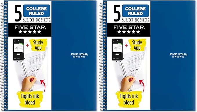 Five Star Spiral Notebook + Study App, 5 Subject, College Ruled Paper, Fights Ink Bleed, Water Resistant Cover, 8-1/2" x 11", 200 Sheets, Blue (73635) (Pack of 2)