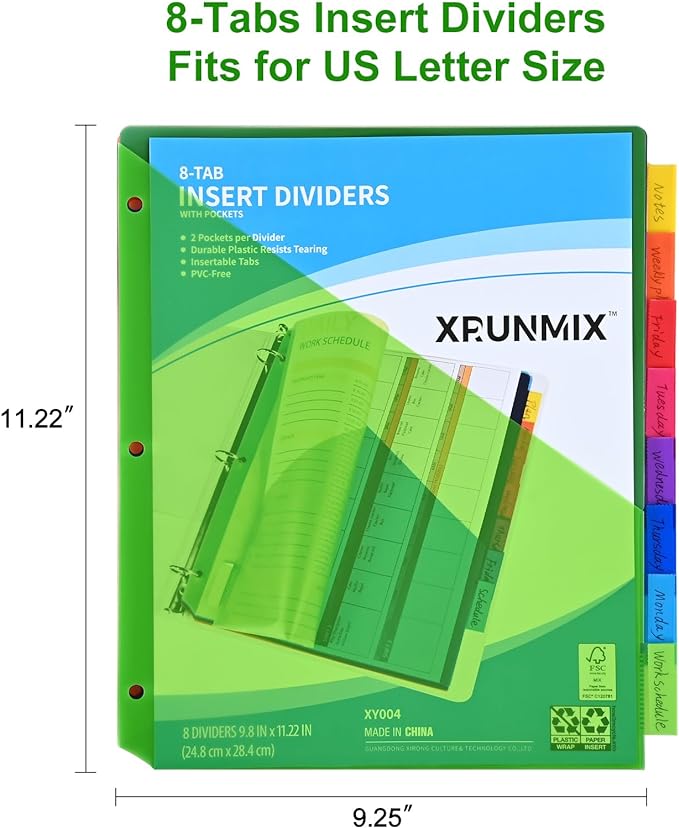 8-Tab Binder Dividers - Index Pockets Divider for 3 Ring Binders, 3-Hole Plastics Sheets Protectors for US Letter Size in 0.5'', 1'', 2'', 3 inch Binders, 8 Colors (XY004) (6 Packs)