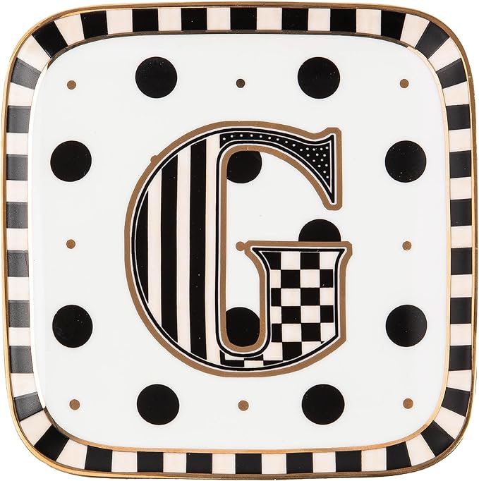 MACKENZIE-CHILDS Monogram Dish, Decorative Ceramic Letter Plate, 5 3/4" Square, G