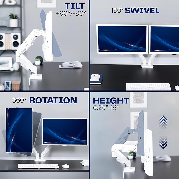 VIVO Dual Monitor Stand, Fully Adjustable Arms for 17 to 32 inch Screens, Mechanical Articulating Desk Mount, Gaming and Office Setups, VESA 75x75, 100x100, Max 19.8 lbs, Classic, White, STAND-V002OW