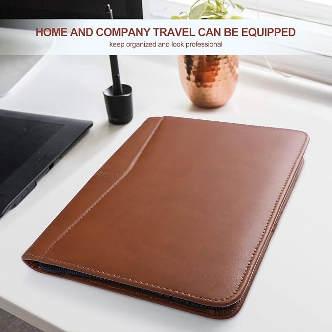 Godery Padfolio/Portfolio, Leather Zippered Padfolio Portfolio Binder 5 x 8 Legal Writing Pad, Professional Business Portfolio for Men & Women, Card Holder, Notepad Clipboard Holder (Brown-9.5 * 6.5)