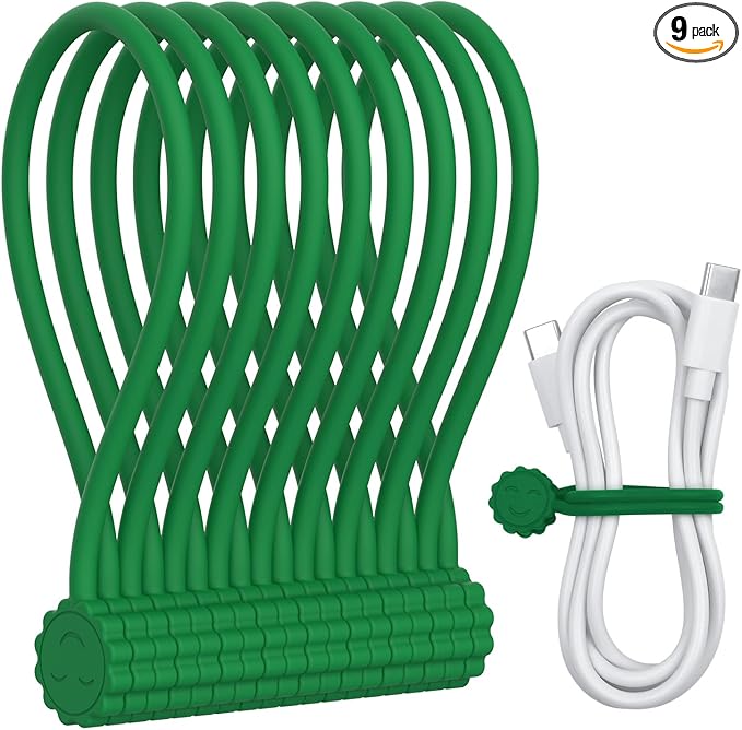 Rich&Ray Silicone Magnetic Twist Ties, Reusable Magnetic Ties for Bundling and Organizing Cable, Holding Stuff, Kitchen Magnets, Office Magnets or Just for Fun (Green, 9 pack)