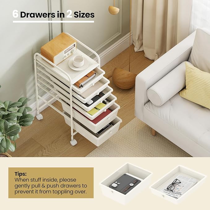 COSTWAY 6-Drawer Rolling Storage Cart, Multifunctional Art Craft Tools Organizer on Wheels, Heavy Duty Utility Mobile Storage Trolley w/ 2 Lockable Wheels for Home Office School (White)