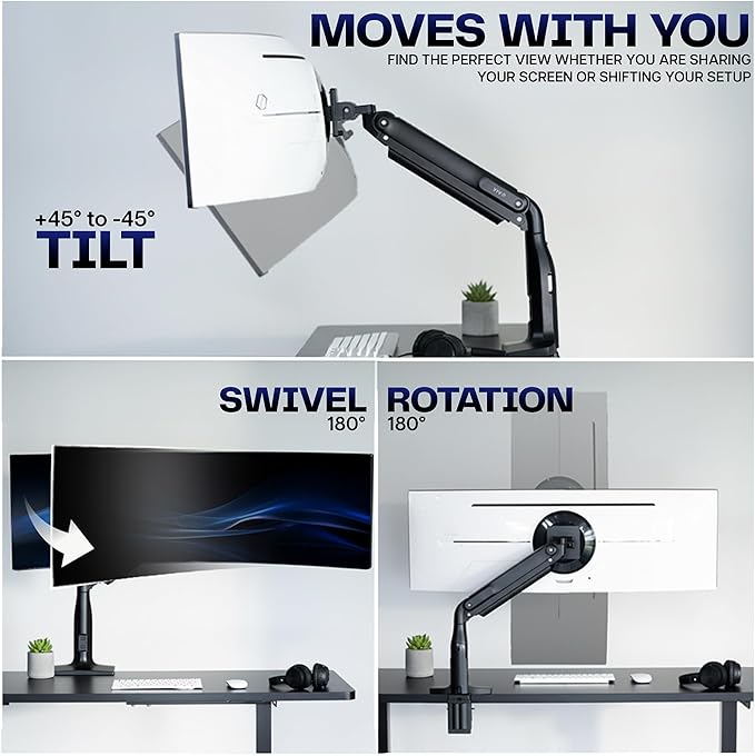 VIVO Aluminum Ultrawide Monitor Stand, Classic, Fits up to 49 inch Computer Screens, Single Articulating Pneumatic Arm, C-Clamp and Grommet Desk Mount, Max VESA 200x100, Black, STAND-V100H