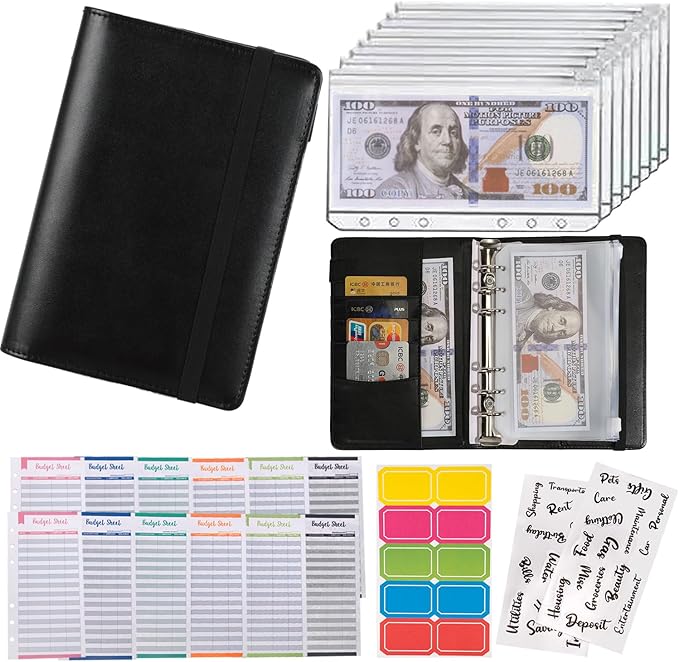 NICOOTHBudget Binder Cash Envelopes A6 Money Saving Binder with Zipper envelopes (A6black)