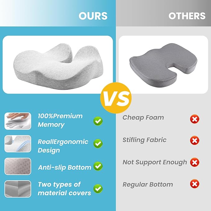 Memory Foam Seat Cushion，Ergonomic Office Chair Cushion，Coccyx Cushion for Tailbone Pain Relief Butt Pillow for Long Sitting，Suitable for Gaming Chair Car Seat Wheelchair