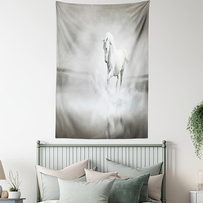 Ambesonne Horses Tapestry Queen Size, Wild Horse Running Through Water Dramatic for the Motivation of Life Art, Wall Hanging Bedspread Bed Cover Wall Decor, 88" X 88", Black and White