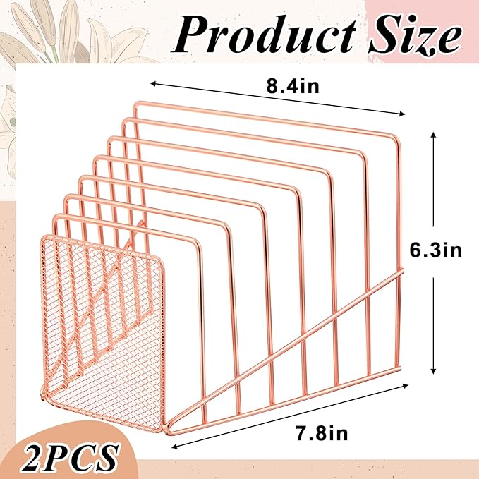 2 Pcs 7 Section Wire File Organizer for Desk, Metal Mesh Incline File Holder, Letter & Magazine Folder Rack, Desktop Paper Sorter for Home Office School (Rose Gold)