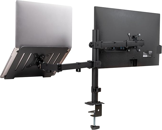 Mind Reader Dual Arm Monitor and Laptop Desk Mount, Adjustable Stand for 17"–32" Screens, VESA 75x75/100x100, 180° Rotation, ±90° Swivel, ±90° Tilt, Black