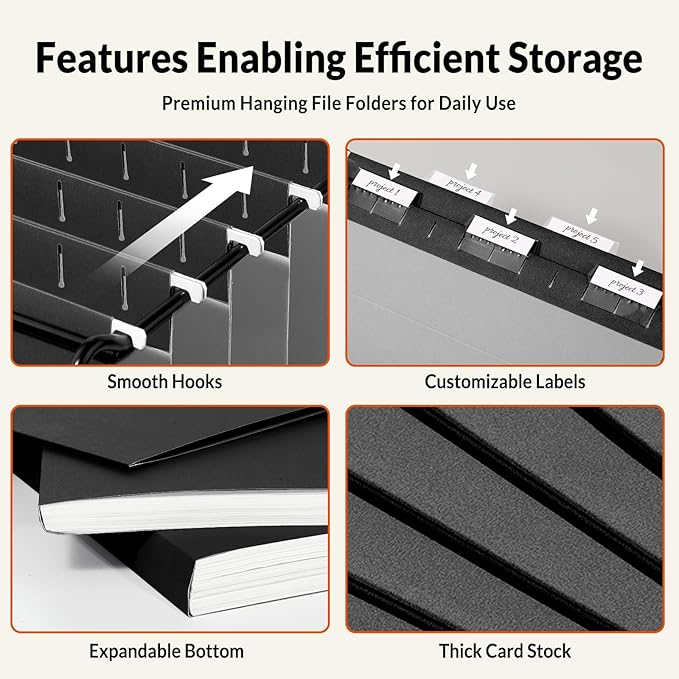 SUNEE 6 Pack Hanging File Folders,Hanging File Folders Letter Size with 1/5-cut Tabs,Black Folders,Stay Organized for Your Home and Office Bulk File and Documents