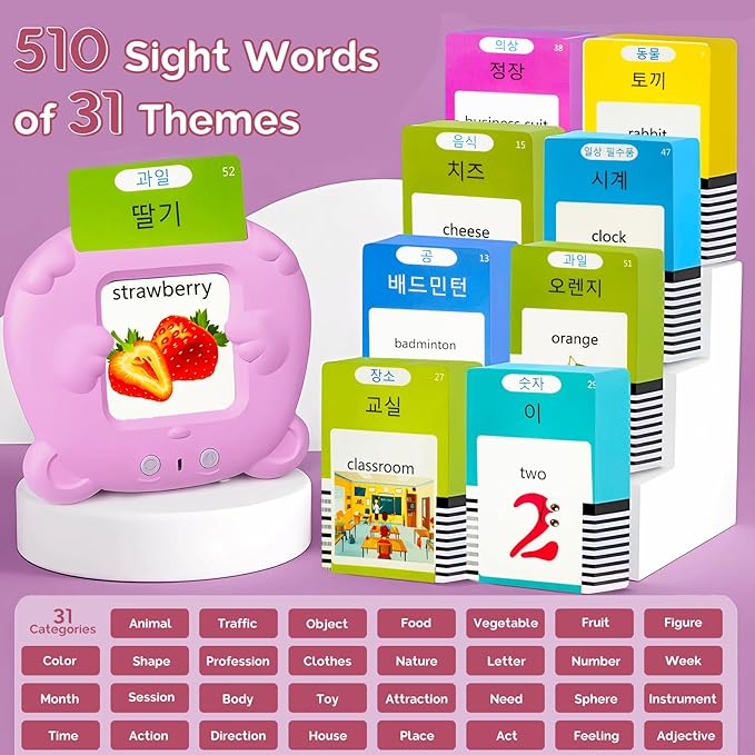 English Flash Cards Bilingual - Korean Talking Flash Cards for Kids, Pocket Speech for Toddlers 3-12, 510 Sight Words of 31 Varieties, Sensory Toys Children with Autism (Korean, Pink)