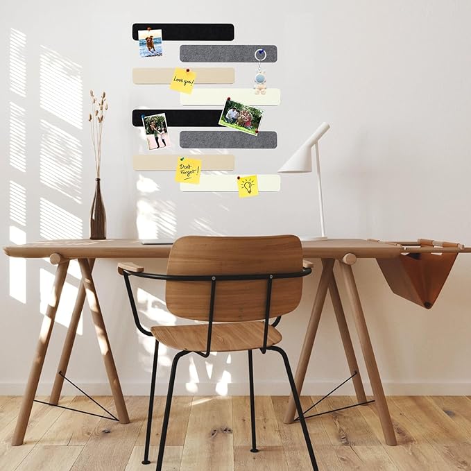 8Pcs Rectangle Felt Cork Board Bar Strips with 35 Pushpins, Self-Adhesive Bulletin Board Strips for Office School Home Wall Decor Stickers Memos Schedules Photos Display -Gradual Grey& Camel