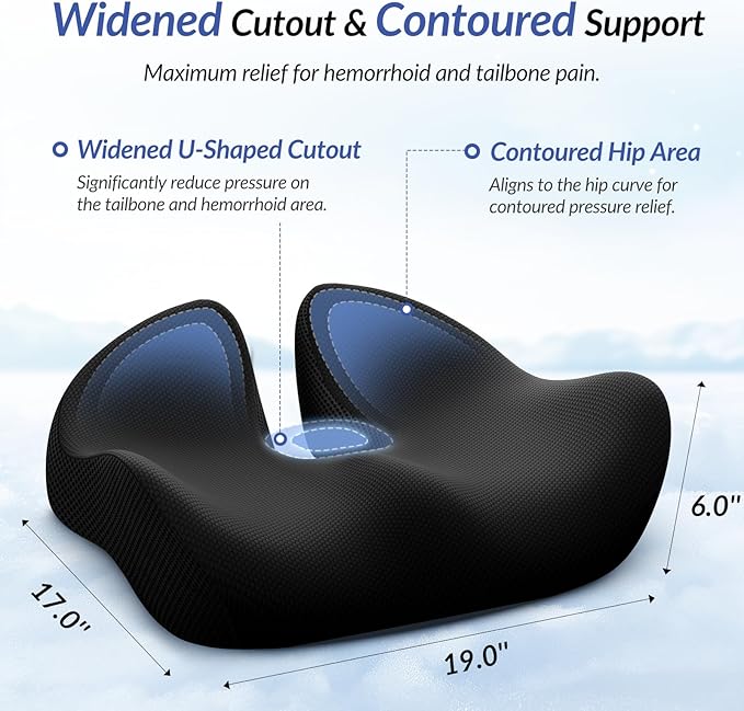 ZIKEE Thickened Seat Cushion, Ergonomic Memory Foam Hemorrhoid Pillow for Hip, Sciatica, Long Sitting Relief, 6.0" Thick Office Chair Cushion with Widened Cutout for Tailbone Pain Relief in Car, Home