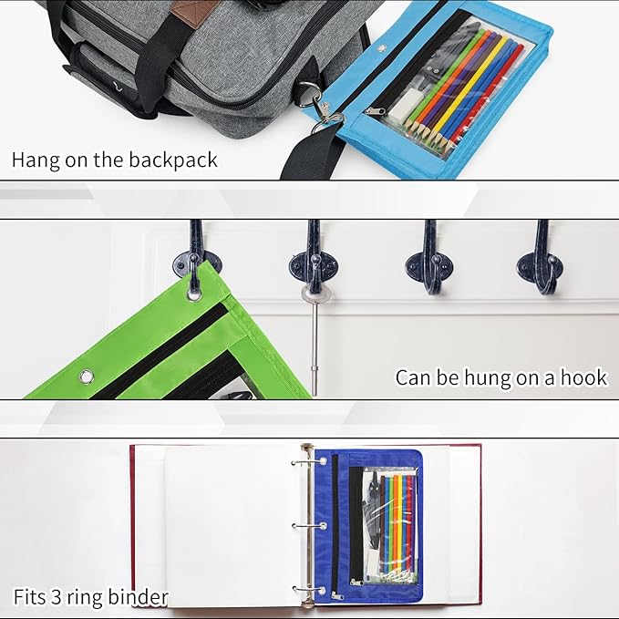 YoeeJob 6 Pack 1 Inch Expandable Zipper Pencil Pouches with Clear Window for 3 Ring Binder, Suitable for School & Office(Multicolor)