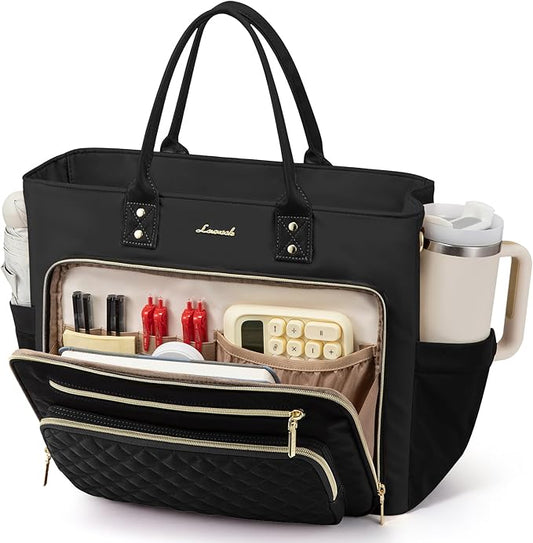 LOVEVOOK Lunch Bag, Tote Bag for Women with Insulated Lunch Compartment, Large Capacity Work Tote fit 17.3 Inch Laptop, Teacher Nurse Bag for Work, Crossbody Bags for Women with Cup Holder, Black
