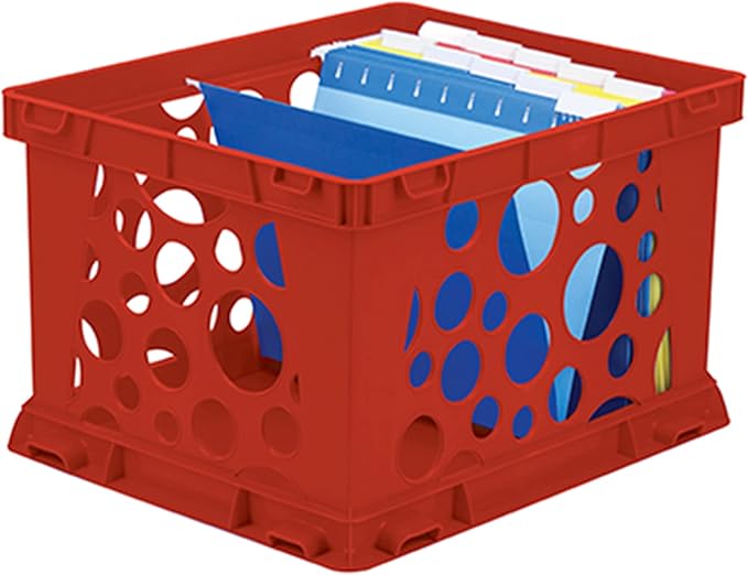 Storex Premium File Crate with Handle Cutouts – Letter and Legal Document and Folder Storage, Red, 3-Pack (61461C03C)