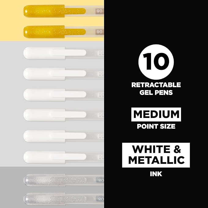 SAKURA Gelly Roll Retractable Gel Pens Colored - Opaque Color Set - Art Gifts, Holiday Gifts & DIY Projects - Medium Point Ink Pen - With White, Gold & Silver Ink - 10 Pack