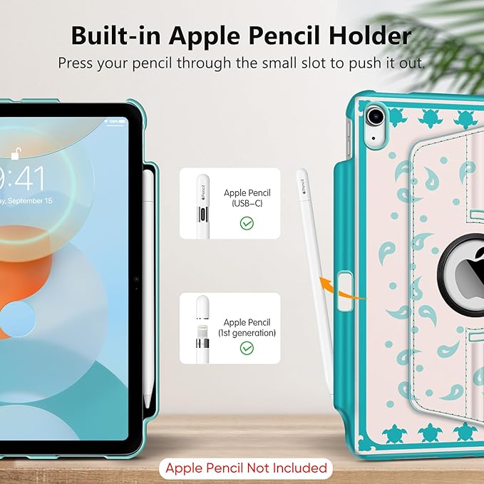 Fintie Rotating Case for iPad (A16) 11th Generation 11 Inch (2025), iPad 10th Generation 10.9 Inch (2022) - [Built-in Pencil Holder] 360 Degree Rotating Protective Stand Cover, Green Sea Turtle