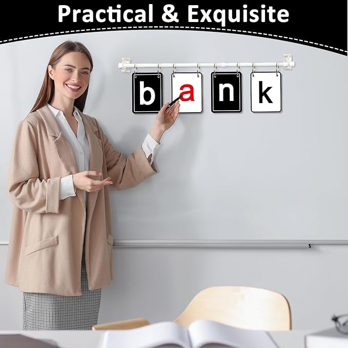 Black White CVC Word Builder with 117 Alphabet Flash Cards Phonics, Adjustable CVCC & CCVC Flip Charts with Holder Spelling Game Bulletin Board Letters for Home Wall Decor Supplies