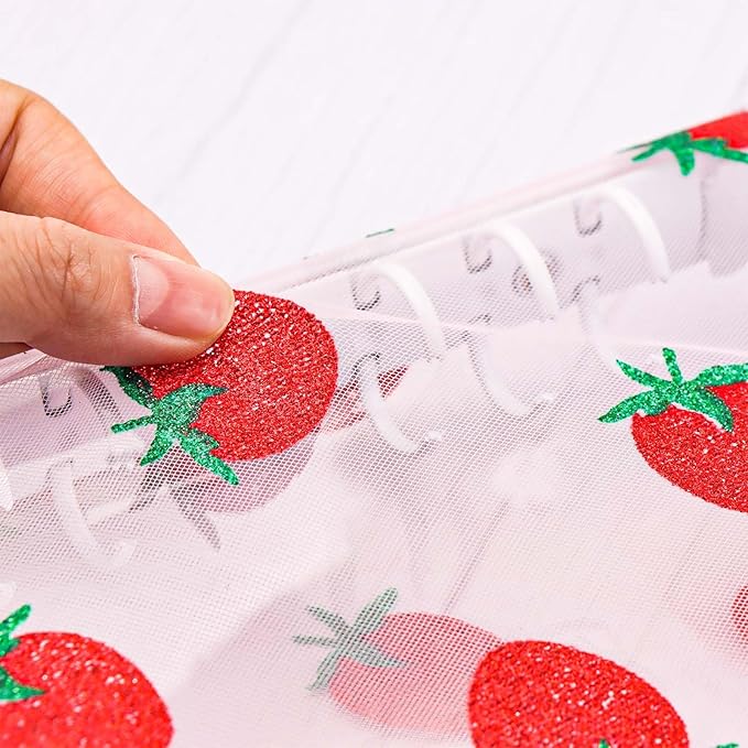 AxeWoodz White A5 Zipper Binder Clear Refillable Notebook Shell Cute Strawberry Lace Cover 6 Ring PVC Binder Cover for Photocard Planner Journal Photo Album