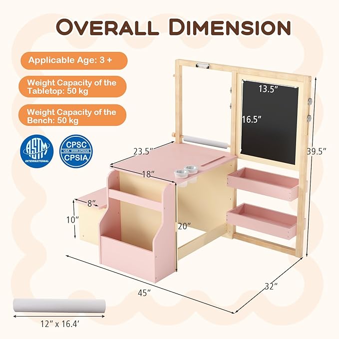 Costzon Easel for Kids, Wooden Art Center with Double-Sided Blackboard & Whiteboard, Paper Roll for Drawing, Crafts, Writing, Toddler Activity Table with Storage, Kids Table and Chair Set (Pink)