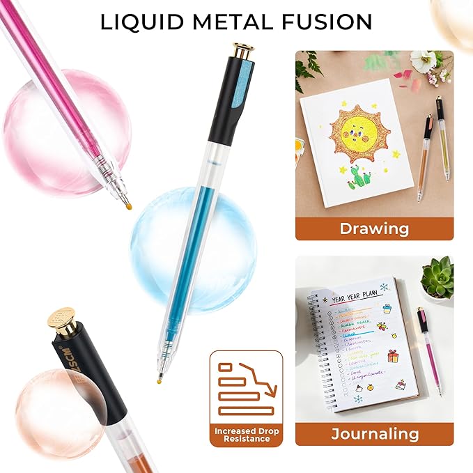Retractable Metallic Gel Pens, 7 Colors Large Capacity Lustrous Metallic Gel Ink Pens for Adult Coloring, 1.0 mm Fine Point Smooth Writing Color Pen for Tech Design Note Taking Aesthetic Art Supplies