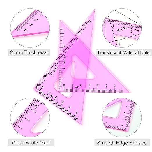 Coopay 6 Inch Math Geometry Tool Plastic Ruler Square Set Includes Straight Ruler, Triangles, Protractor for Student School Office Supplies (Pinkish-Purple)