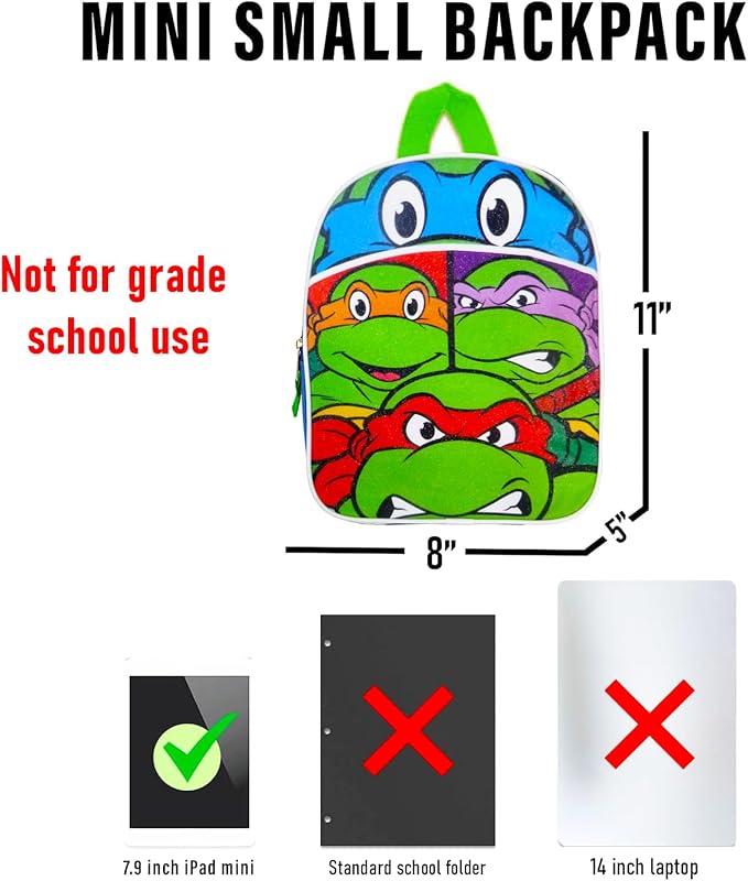 Teenage Mutant Ninja Turtles Mini Backpack with Lunch Box Set - Bundle with 11” TMNT Backpack, Lunch Bag, Stickers, More | TMNT Bag for Toddler Boys