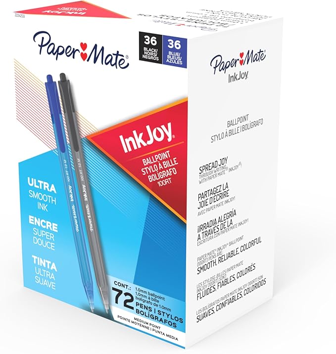Paper Mate InkJoy 100RT Ballpoint Pens,Medium Point (1.0mm),Black & Blue Ink,- Bulk Pack for School,Home,Office,College,Note-Taking,72 Count (Pack of 2)