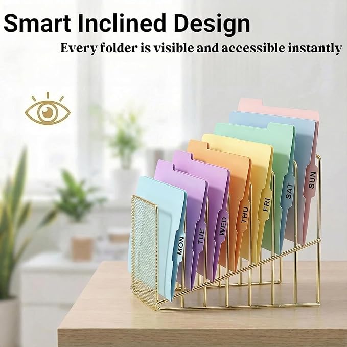 Simmer Stone Gold Desk Organizer 7 Slot Inclined Vertical File Folder Holder Sorter with Mesh Front Metal Wire Rack for Mail, Slim Binders, Books Office Organization Desktop Accessories
