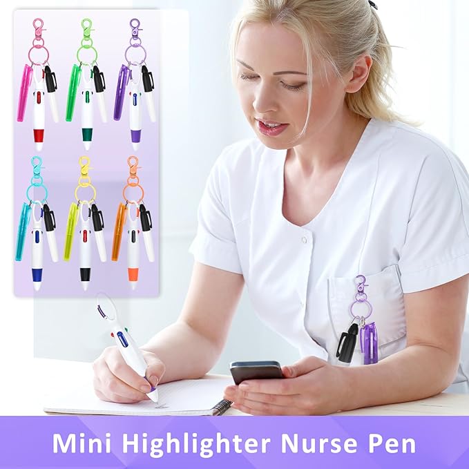 Nurse Pen Set, Mini Highlighter Nurse Pen Pack Set Nurse Pens for Badge Include Tip Highlighter Permanent Marker Pen Retractable Ball Pens with Nursing Keychain Clip for Nurse Present (6 Set)