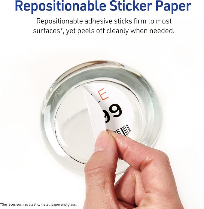 Avery Printable Sticker Paper, 8.5" x 11", Matte White, Repositionable Adhesive, Laser/Inkjet Compatible, 5 Full-Size Label Sheets, Great for Product Branding, Cute Stickers, Crafts, and More (53202)