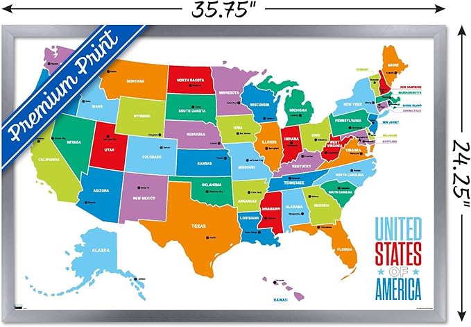 Trends International Map - United States Of America 2022 Wall Poster, 22.375" x 34", Silver Framed Version