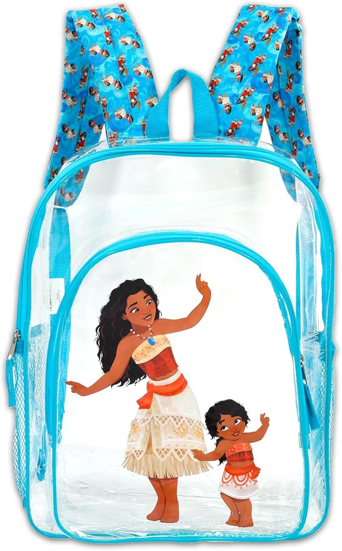 Disney Moana Clear Backpack with Lunch Box - Bundle with 16" Backpack for Girls, Lunch Bag, Water Bottle, Stickers, More | Transparent Moana School Bag for Kids School Supplies