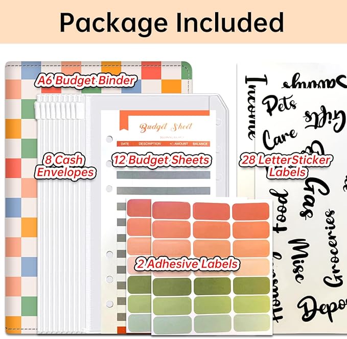 Budget Binder, Cute A6 Money Saving Binder with Zipper Envelopes, PU Leather Money Organizer for Cash, Expense Budget Sheets and Cash Envelopes for Budgeting Cute Colorful Plaid