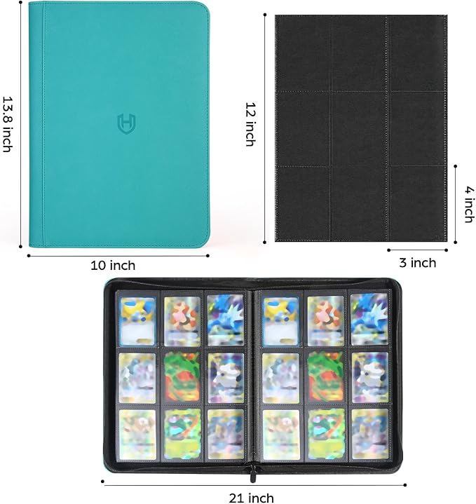 Card Binder 9 Pocket with Zipper, 648 Pockets Trading Card Holder Book, Premium PU Cover Zip Folder Binder, Side Loading Carrying Case Binder Album for TCG, MTG, Sports Cards, Game Cards (Teal)
