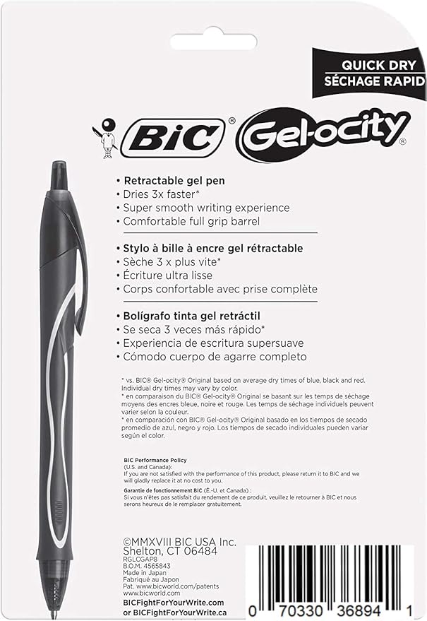 BIC Gelocity Quick Dry Assorted colors Gel Pens, Medium Point 0.7 mm, Smear Free, Retractable Gel Pens With Comfortable Full Grip, 8 Pack