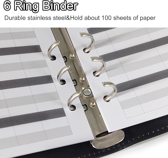 A6 Refillable 6 Ring Faux Leather Budget Binder,Mini Notebook Binder Cover for A6 Filler Paper,Loose Leaf Personal Planner Cover with Magnetic Buckle Closure (Marble White)