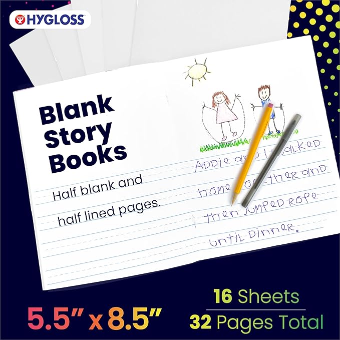 Hygloss Half Blank Books for Kids to Write Stories and Illustrate – Bulk 48 Pack – 5.5" x 8.5" A5 – Small Primary Journal for Grades K-2, Preschool/Kindergarten Notebook with Picture Space – 24 Pages